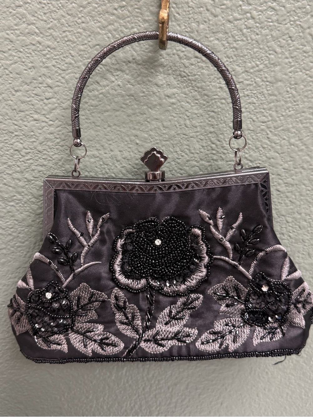 Embellished Black Evening Handbag - Elegant Floral Beaded Clutch